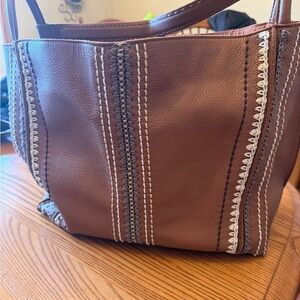 The Sak Brown Leather Shoulder Bag with Contrast Stitching